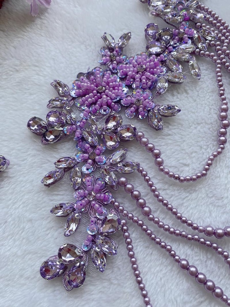 wtbvn 1 Pair Beaded Rhinestones Applique Embellishment for Clothes Epaulettes Shoulder Patches Sew-on Diamond Sequin Tassels Applique for Wedding Dress DIY Accessories 9.8X10.2inches (Violet) - Image 4